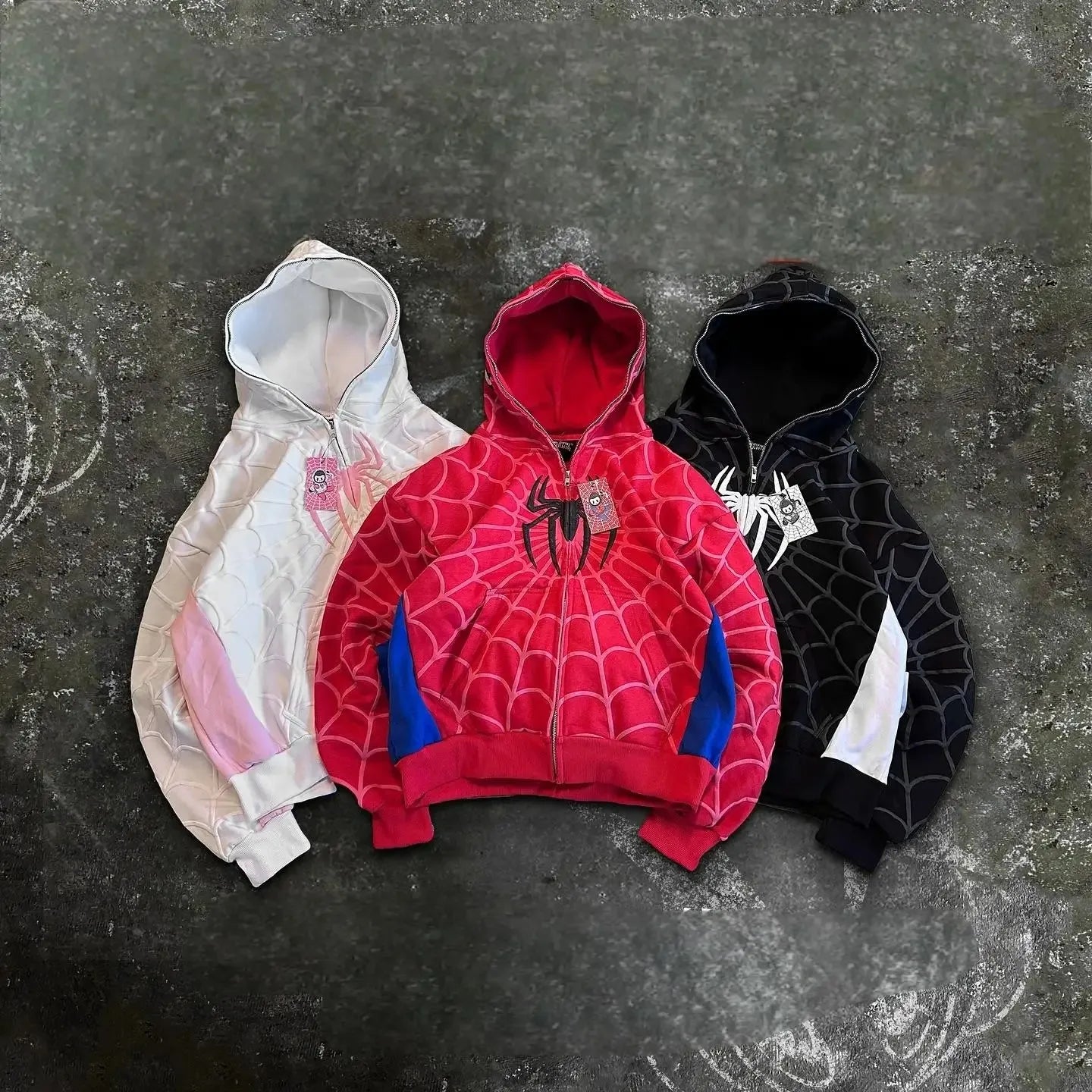 Classic Spider Print Hoodie Y2K Street Wear Zip Up Loose – Hidden 