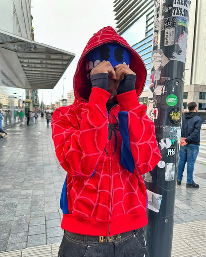 Classic Spider Print Hoodie Y2K Street Wear Zip Up Loose